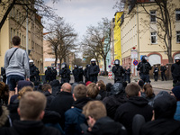 Antifa activists blocked the Neonazi route with civil unrest in Halle, Germany, on 1st May 2017.  The far right party Die Rechte (The right)...
