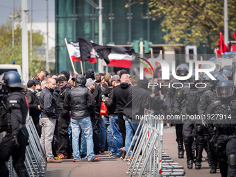 Neonazis in front of the central station in Halle, Germany, on 1st May 2017.  The far right party Die Rechte (The right) wanted to demonstra...