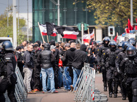 Neonazis in front of the central station in Halle, Germany, on 1st May 2017.  The far right party Die Rechte (The right) wanted to demonstra...