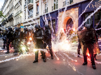 Protesters fail with incendiary bombs and molotov cocktails at the May Day in Paris, France, on May 1st, 2017. Thousands of demonstrators pa...