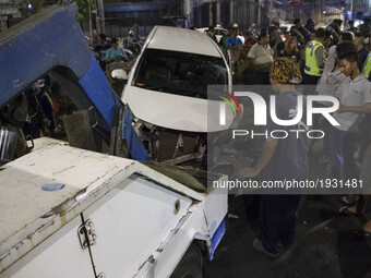 A car having total wreck after hit street barrier at KH Mansyur Street-Tanah Abang-Jakarta. The two passengers were having minor injured, on...