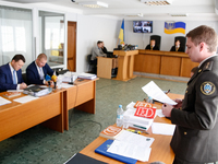 Prosecutor Maksym Krym (1st R) has a speech during the court hearing. Obolon district court of Kyiv starts the preliminary hearing of ex-Pre...