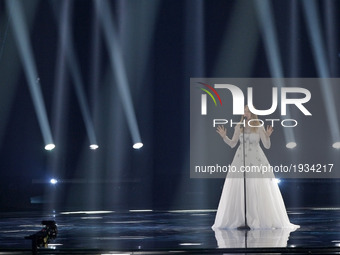 Belgium representative at Eurovision Blanche performs on the stage during a rehearsal in the International Exhibition Center in Kiev, Ukrain...