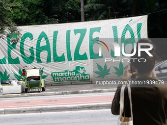 Hundreds of people take part in a march calling for the legalization of marijuana along Paulista Avenue in Sao Paulo, Brazil, on May 6, 2017...