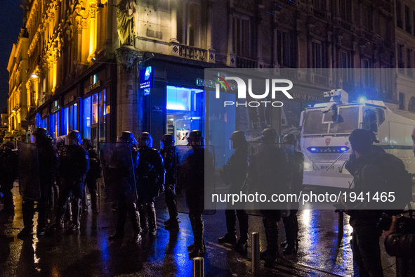 French riot police on the street during a demonstration in Lyon on May 7, 2017 to protest against capitalism following the announcement of t...