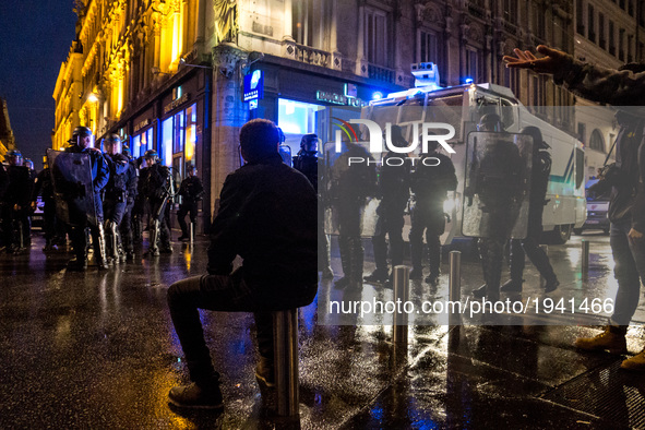 French riot police on the street during a demonstration in Lyon on May 7, 2017 to protest against capitalism following the announcement of t...