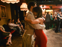 A couple perfoms Argentine tango during an afterparty event in Klub Cabaret, an event that was a part of Krakus Aires Tango Festival 2017, a...