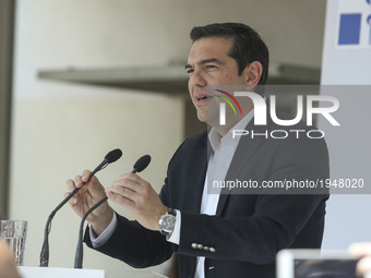 Greece's Prime Minister Alexis Tsipras delivers a speech during his visit at a Health Center in Evosmos neighborhood in Thessaloniki, Greece...
