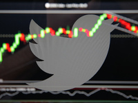 The Twitter logo is seen on various devices produced with an in camera multiple exposure. The company reported that in the first quarter of...