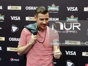 Francesco Gabbani from Italy poses for a photo, during a press conference at the Eurovision Song Contest, in Kiev, Ukraine, 12 May 2017. The...