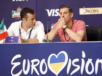 Francesco Gabbani (R) from Italy speaks during a press conference at the Eurovision Song Contest, in Kiev, Ukraine, 12 May 2017. The Eurovis...