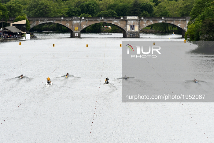 Rowers are seen from above, from the Strawberry Mansion Bridge as members of U.S. and Canadian collegiate rowing teams compete in the Olympi...