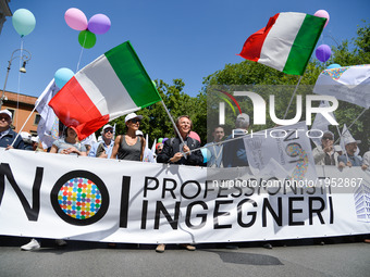 Engineers take part in a demonstration, on May 13, 2017 in Rome, Italy. Representatives including architects, engineers, lawyers, doctors an...
