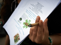 A woman informs a passe-by while smoking marijuana. For the Global Marijuana March, supporters of legalization for medical and recreationnal...