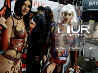Models with body painting at Athens International Tatoo Convention, at the Olympic Tae Kwon Do Centre, on Saturday May 13, 2017. The visitor...