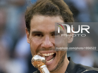 Spain tennis player Rafael Nadal celebrates her victory during the Mutua Madrid Open final match against Dominic Thiem at the Magic Box in M...