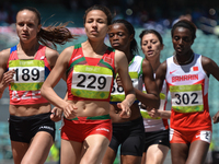 (L-R) Anastasia Komarova (189) of Azerbaijan and Malika Akkaoui of Marocco (229) lead in Women's 800m Qualification race 2, during day five...