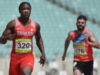 Andrew Fisher of Bahrain on his way to win Men's 100m Qualification Round - Heat 4, during day five of Baku 2017 - 4th Islamic Solidarity Ga...