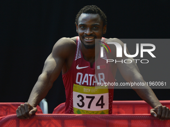 Very happy Femi Ogunode of Qatar after winning Men's 100m Qualification Round - Heat 2 , during day five of Baku 2017 - 4th Islamic Solidari...