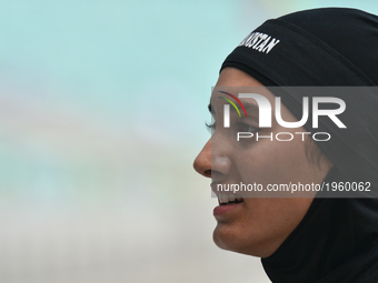 Kimia Yousofi of Afganistan after her race in Women's 100m qualification heat 4, during day five of Baku 2017 - 4th Islamic Solidarity Games...