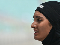 Kimia Yousofi of Afganistan after her race in Women's 100m qualification heat 4, during day five of Baku 2017 - 4th Islamic Solidarity Games...