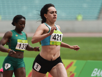 Nigina Sharipova of Uzbekistan wins Women's 100m qualification heat 3, during day five of Baku 2017 - 4th Islamic Solidarity Games at Baku O...