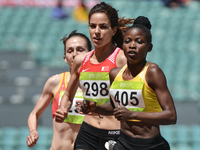 Halimah Nakaayi (Right) of Uganda leads in front of Manal Elbahraoui of Bahrain in Women's 800m Qualification race 1, during day five of Bak...