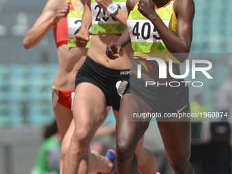 (L-R) Halimah Nakaayi of Uganda leads in front of Manal Elbahraoui of Bahrain in Women's 800m Qualification race 1, during day five of Baku...