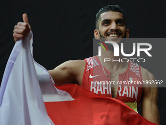Ali Khamis Khamis of Bahrain celebrates after winning in Men's 400m final, during day six of Baku 2017 - 4th Islamic Solidarity Games at Bak...