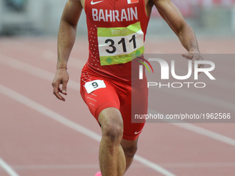 Ali Khamis Khamis of Bahrain at the finish line of Men's 400m final, during day six of Baku 2017 - 4th Islamic Solidarity Games at Baku Olym...