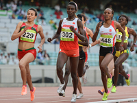 Malika Akkaoui (Left) of Moroccoleads in Women's 800m final, during day six of Baku 2017 - 4th Islamic Solidarity Games at Baku Olympic Stad...