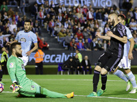  Karim Benzema forward of Real Madrid (9) shoots on goal during the La Liga Santander match between Celta de Vigo and Real Madrid at Balaido...