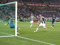 Leonardo Bonucci scores the second goal for Juventus during the Italian Cup final between Juventus FC and SS Lazio at Olympic Stadium on may...