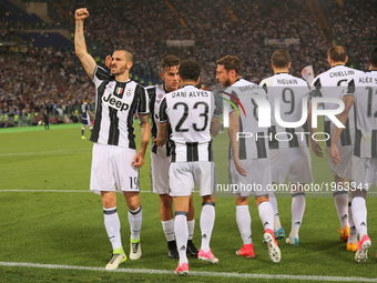Leonardo Bonucci (left) celebrates after scoring during the Italian Cup final between Juventus FC and SS Lazio at Olympic Stadium on may 17,...