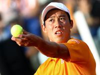 Kei Nishikori of Japan in action during the men's third round match against Juan Martin Del Potro of Argentina on Day Five of the Internazio...