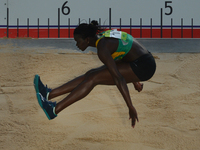 Sangone Kandji of Senegal competes in Women's Long Jump final, during an athletic event at Baku 2017 - 4th Islamic Solidarity Games at Baku...