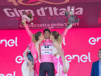 Dutch cyclist Tom Dumoulin, of Sunweb, celebrates on the podium with his pink jersey at the end of the 13th stage of the 100th Giro d'Italia...