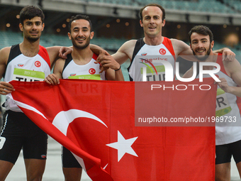 Members of the Turkish relay celebrate their Gold medal in Men's 4 x 400 Relay final, during day five of Athletics at Baku 2017 - 4th Islami...