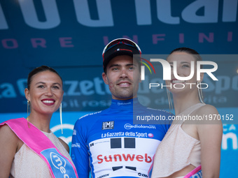 Netherlands' Tom Dumoulin of team Sunweb celebrates on the podium after winning the 14th stage of the 100th Giro d'Italia, Tour of Italy, cy...