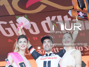 Netherlands' Tom Dumoulin of team Sunweb celebrates  on the podium after winning the 14th stage of the 100th Giro d'Italia, Tour of Italy, c...