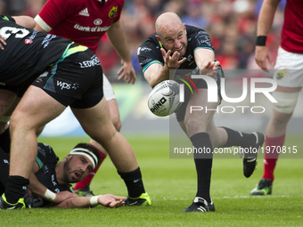 Brendon Leonard of Ospreys passes the ball during the Guinness PRO12 Semi-Final match between Munster Rugby and Ospreys at Thomond Park Stad...