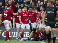 Munster players celebrate Francis Saili try during the Guinness PRO12 Semi-Final match between Munster Rugby and Ospreys at Thomond Park Sta...