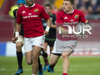 Andrew Conway with the ball and Simon Zebo both of Munster during the Guinness PRO12 Semi-Final match between Munster Rugby and Ospreys at T...