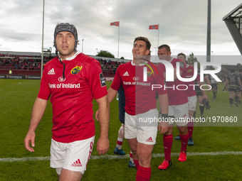 Duncan Williams, Ian Keatley and Jean Deysel of Munster celebrate after the Guinness PRO12 Semi-Final match between Munster Rugby and Osprey...