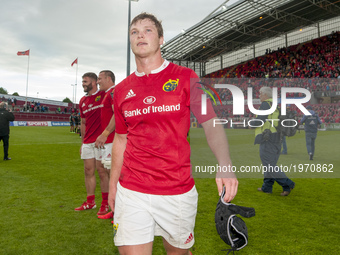 Tyler Bleyendaal of Munster celebrates after the Guinness PRO12 Semi-Final match between Munster Rugby and Ospreys at Thomond Park Stadium i...