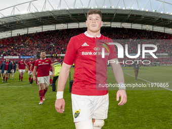 Jack O'Donoghue of Munster celebrates after the Guinness PRO12 Semi-Final match between Munster Rugby and Ospreys at Thomond Park Stadium in...