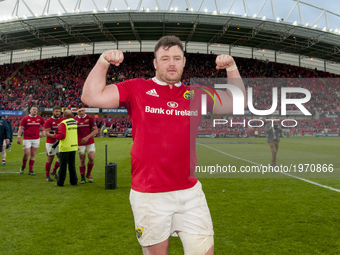 Dave Kilcoyne of Munster celebrates after the Guinness PRO12 Semi-Final match between Munster Rugby and Ospreys at Thomond Park Stadium in L...