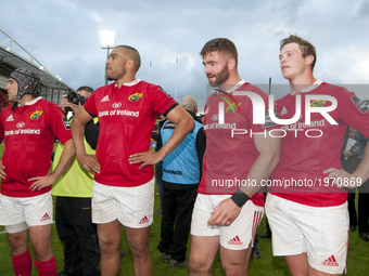 Duncan Williams, Simon Zebo, Jaco Taute and Tyler Bleyendaal of Munster after the Guinness PRO12 Semi-Final match between Munster Rugby and...