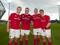 Tyler Bleyendaal, CJ Stander, Jean Deysel and Ian Keatley celebrate after the Guinness PRO12 Semi-Final match between Munster Rugby and Ospr...