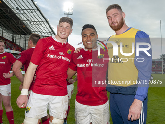 Jack O'Donoghue, Francis Saili and Darren O'Shea of Munster celebrate after the Guinness PRO12 Semi-Final match between Munster Rugby and Os...